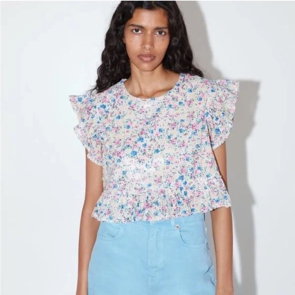 Zara Sequin Pastel Floral Ruffle Crop Top Blouse - Picture 5 of 12